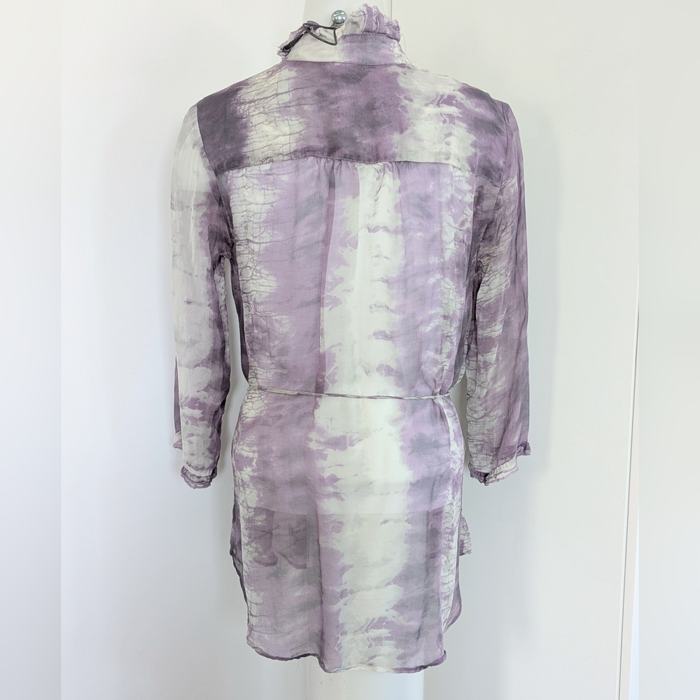 DA-NANG Silk Long Sleeve Tie Dye Blouse with Ruffle Front, Purple/Light Grey;SzM - Picture 7 of 10